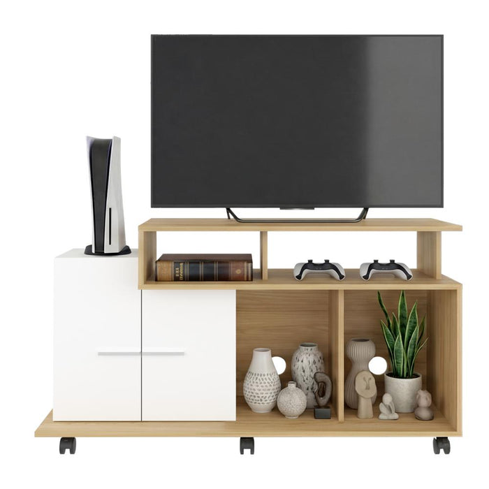 Mesa Para Tv Atena, Fresno Europeo y Blanco Nevado, con Espacio Para Televisor de 44 Pulgadas