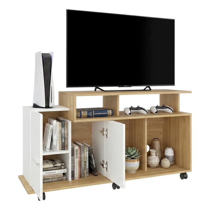 Mesa Para Tv Atena, Fresno Europeo y Blanco Nevado, con Espacio Para Televisor de 44 Pulgadas
