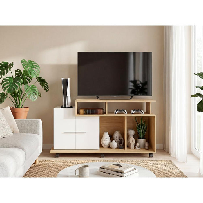 Mesa Para Tv Atena, Fresno Europeo y Blanco Nevado, con Espacio Para Televisor de 44 Pulgadas