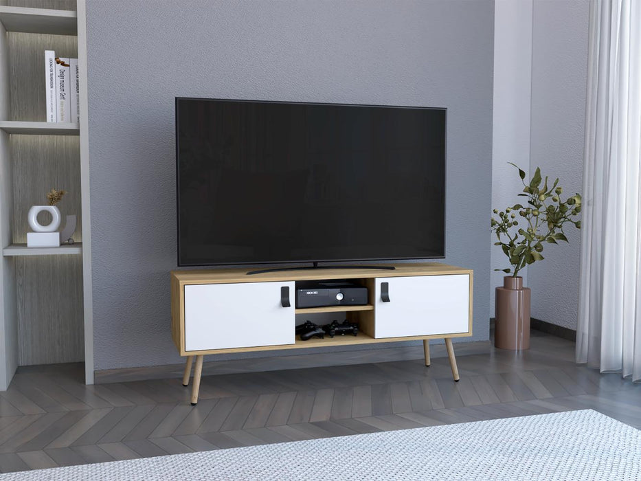 Mesa para TV Lienxo, Blanco y Fresno Europeo, Con Espacio Para TV Hasta 50 Pulgadas