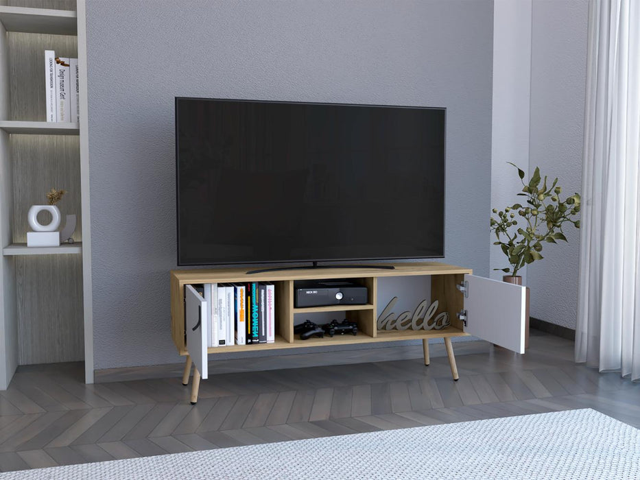 Mesa para TV Lienxo, Blanco y Fresno Europeo, Con Espacio Para TV Hasta 50 Pulgadas