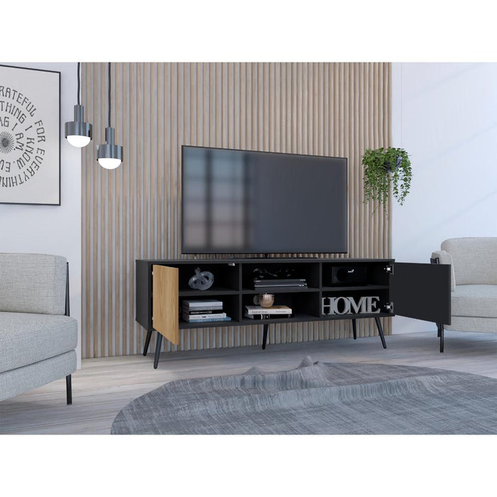 Mesa Para TV Mirabella, Wengue y Fresno Europeo, Con dos puertas para tv 65"