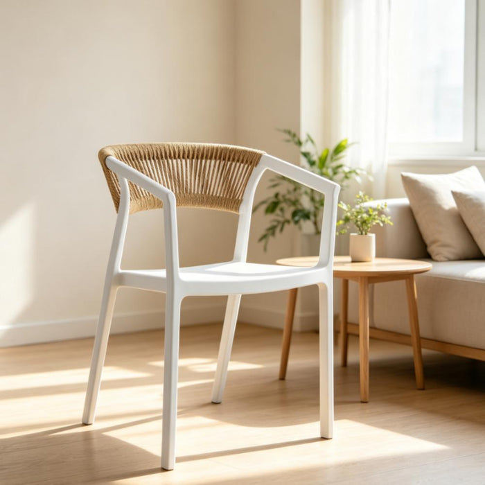 Silla Balí, Blanco, con Espaldar en Cuerdas y Diseño Moderno