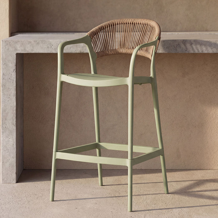 Silla para Bar Bali, Verde, Con espaldar en cuerdas y diseño Moderno