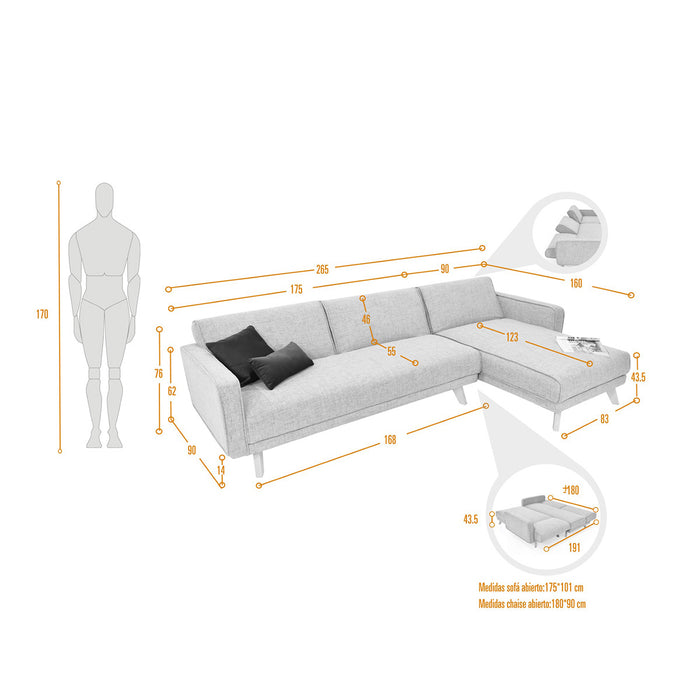 Sala En L Reclinable Chelsea Tela 265x160x76 Gris