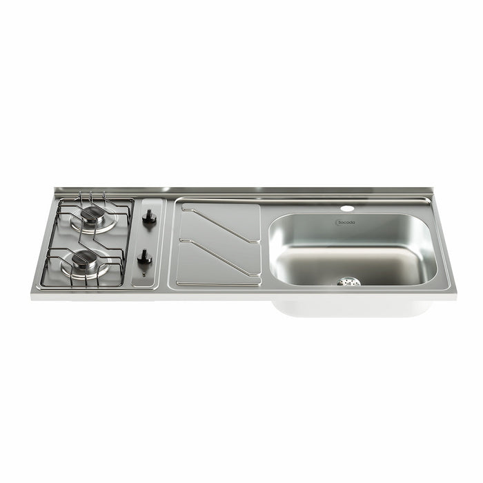 Mesón con lavaplatos en acero inoxidable 120×52 cm y estufa a gas marca Socoda