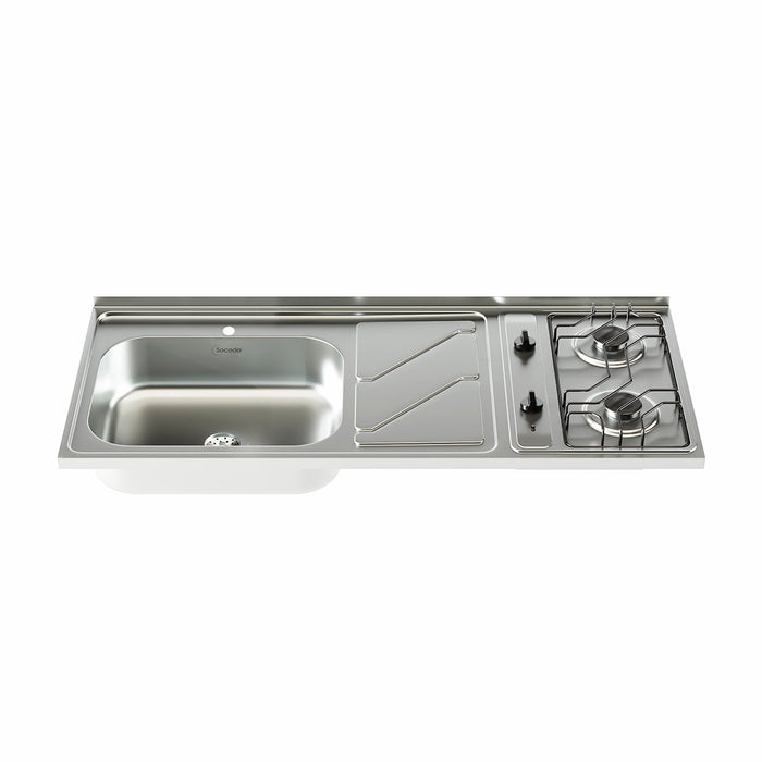 Mesón con lavaplatos en acero inoxidable 120×52 cm y estufa a gas marca Socoda