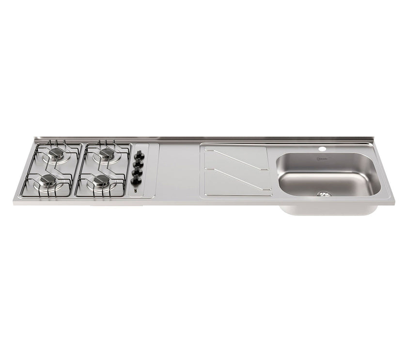 Mesón con lavaplatos en acero inoxidable 180×52 cm y estufa a gas marca Socoda