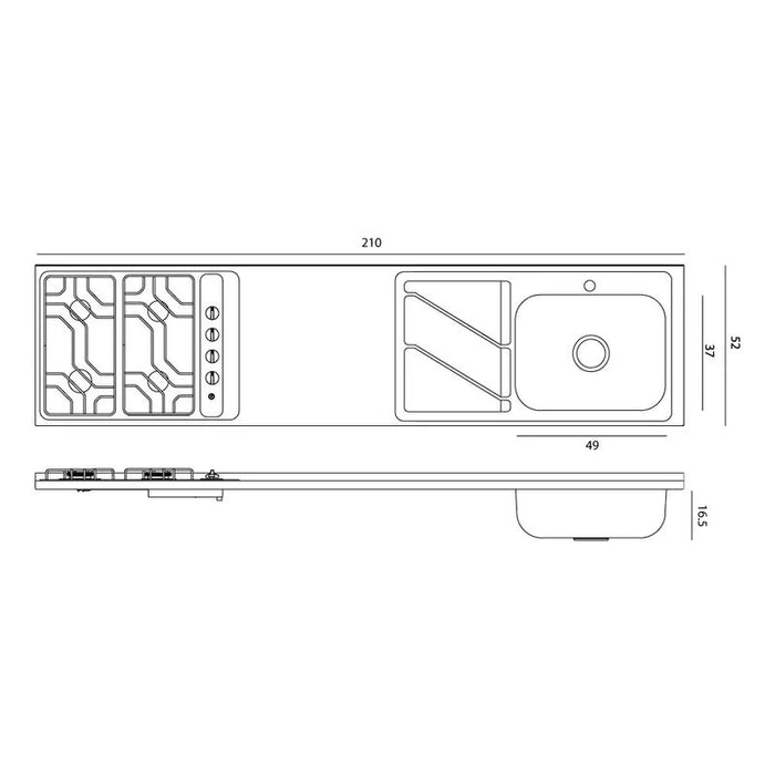 Mesón con lavaplatos en acero inoxidable 210×52 cm y estufa a gas marca Socoda