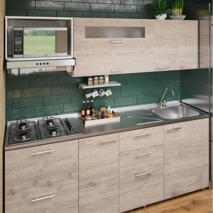 Mesón con lavaplatos en acero inoxidable 210×52 cm y estufa a gas marca Socoda