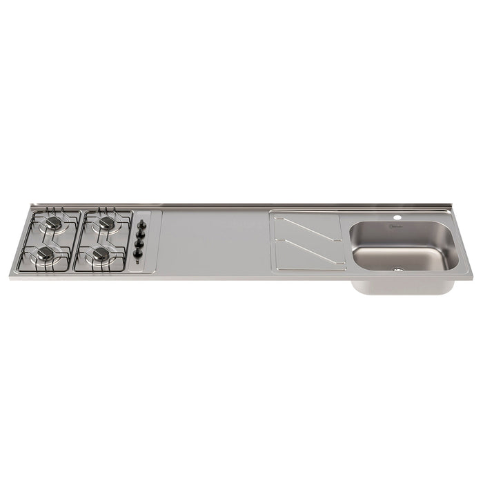 Mesón con lavaplatos en acero inoxidable 210×52 cm y estufa a gas marca Socoda