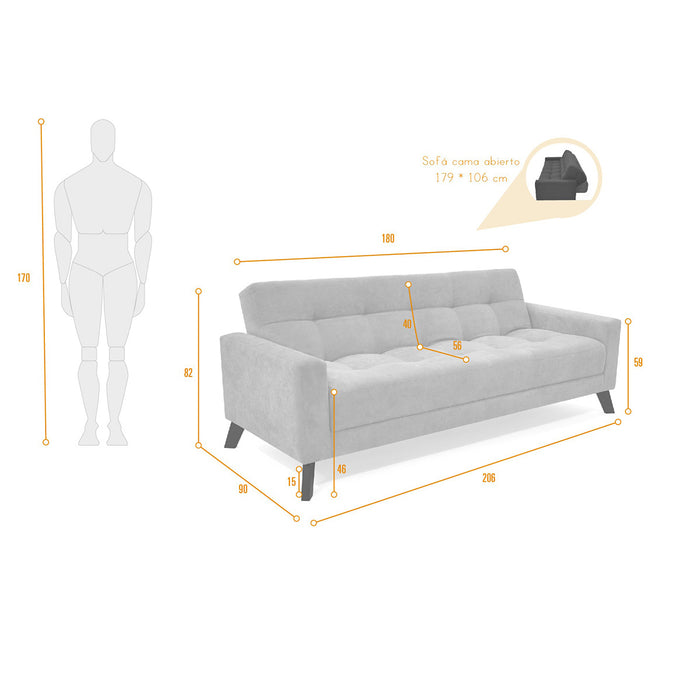 Sofa Cama Sahara Reclinable Tela 206x90x82 Gris