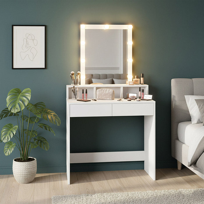 Tocador con Luces Led Elena, Blanco Mate, con dos cajones