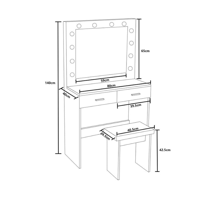 Tocador con Luces Led Bella, Blanco Mate, Incluye la Silla