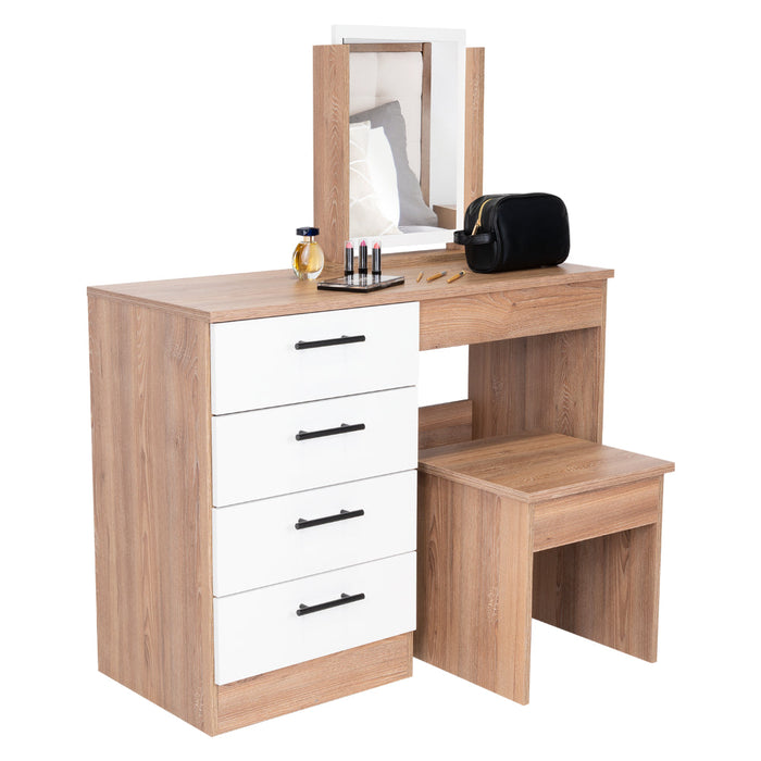 Mueble Tocador Wesley, Fresno Europeo y Blanco, Cuatro Cajones Para Ubicar Maquillaje