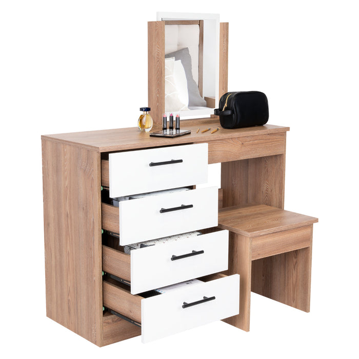 Mueble Tocador Wesley, Fresno Europeo y Blanco, Cuatro Cajones Para Ubicar Maquillaje