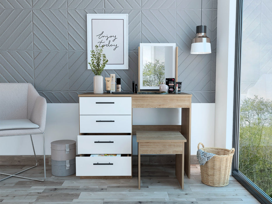 Mueble Tocador Wesley, Fresno Europeo y Blanco, Cuatro Cajones Para Ubicar Maquillaje