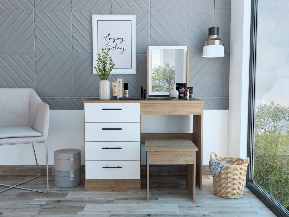 Mueble Tocador Wesley, Fresno Europeo y Blanco, Cuatro Cajones Para Ubicar Maquillaje