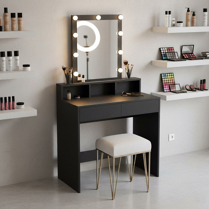 Tocador con Luces Led Elena, Negro Mate, con dos cajones