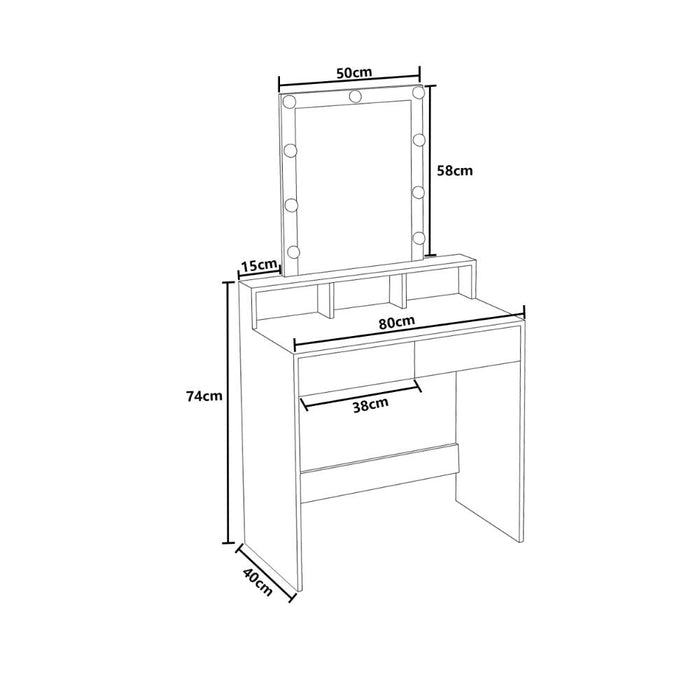 Tocador con Luces Led Elena, Negro Mate, con dos cajones