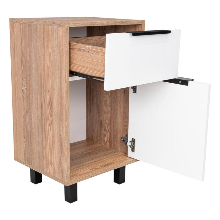 Mesa de Noche Wesley, Fresno Europeo y Blanco, con Una Puerta y Un Cajón Organizador