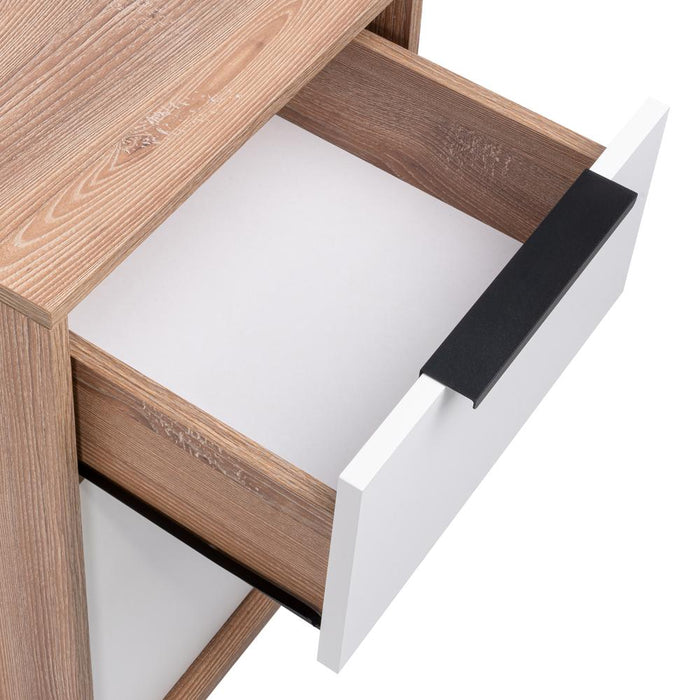 Mesa de Noche Wesley, Fresno Europeo y Blanco, con Una Puerta y Un Cajón Organizador