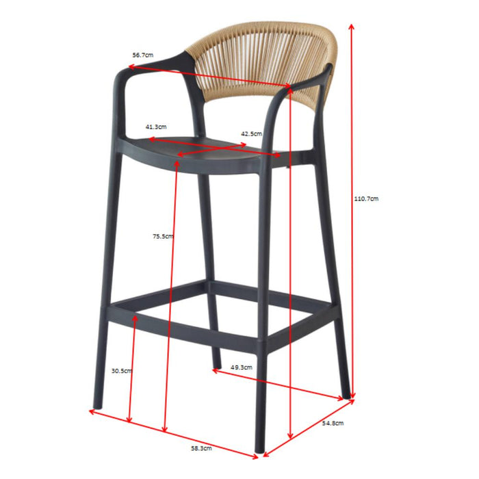 Silla para Bar Bali, Gris, Con espaldar en cuerdas y diseño Moderno