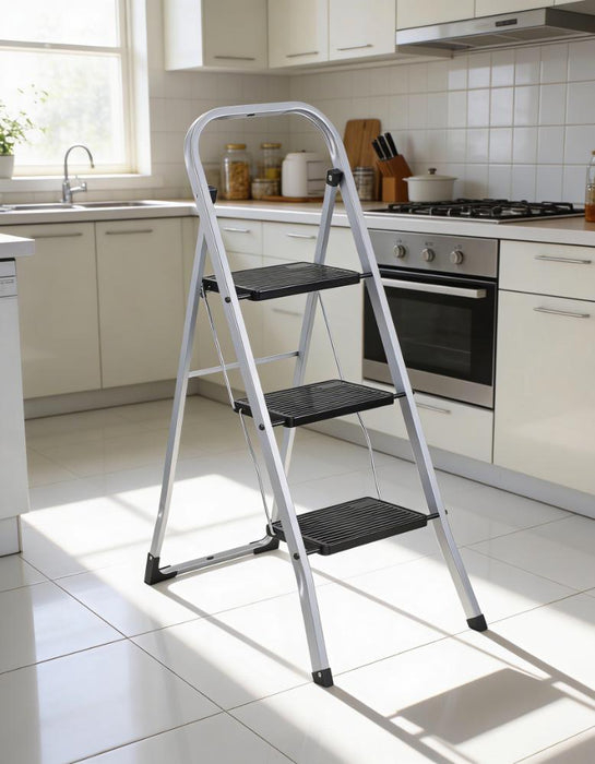 Escalera Tubular Luminas, Gris y Negro, Plagable de 3 Niveles