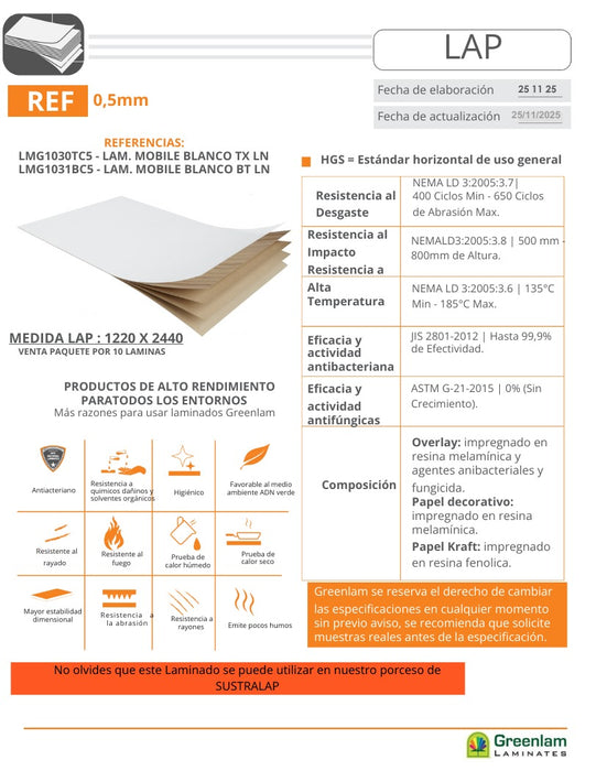 laminado de alta presión color blanco brillante  X 10 unidades