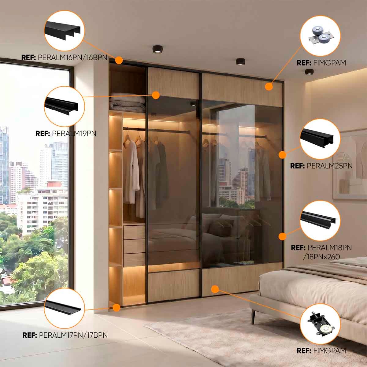 Guía de perfiles y rodamientos recomendados para Perfil de transición vertical tablero a vidrio para sistema corredizo Amazonas