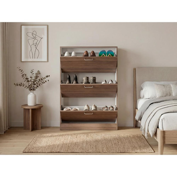 Zapatero Merlín, Avellana y Blanco, con Tres Puertas Abatibles con Manijas Metálicas