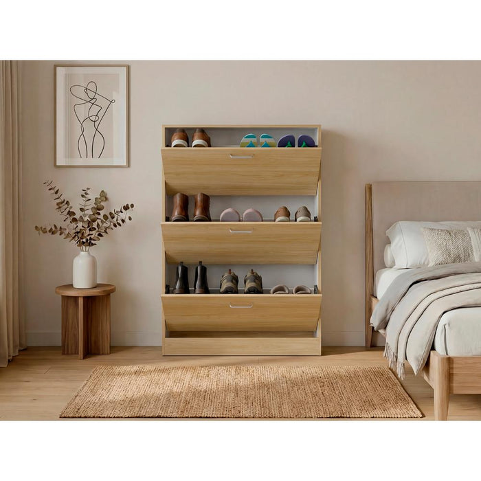 Zapatero Merlín, Fresno Europeo y Blanco, con Tres Puertas Abatibles con Manijas Metálicas