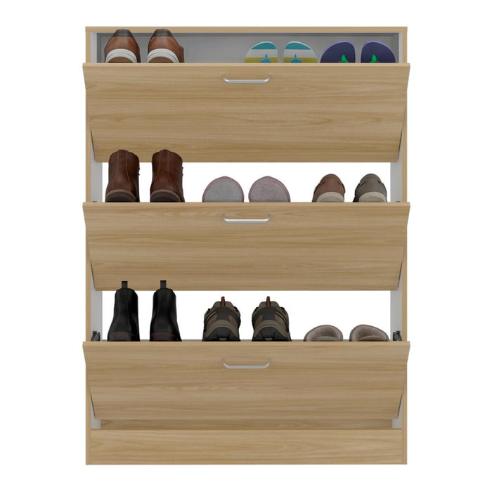 Zapatero Merlín, Fresno Europeo y Blanco, con Tres Puertas Abatibles con Manijas Metálicas