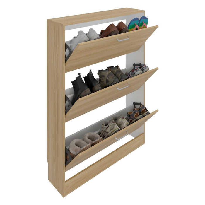 Zapatero Merlín, Fresno Europeo y Blanco, con Tres Puertas Abatibles con Manijas Metálicas