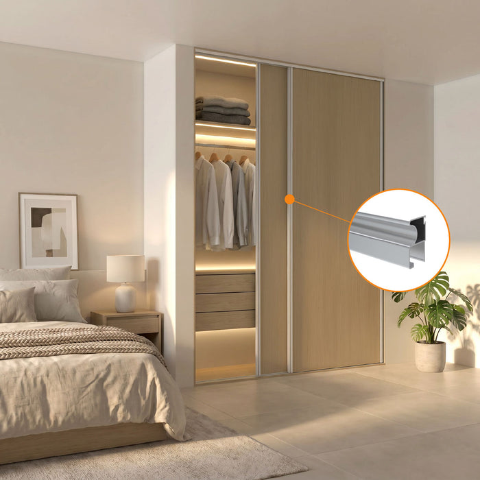 Perfil manija de aluminio para puertas de clóset corredizas en tablero de 15 mm