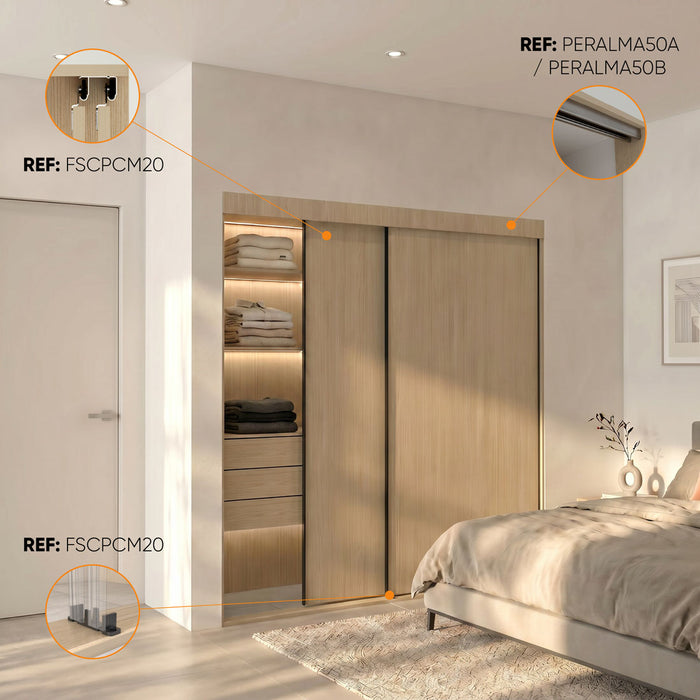 Perfil sistema colgante en aluminio para puertas corredizas de closet