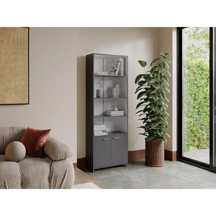 Biblioteca Milán, Plata Oscuro y Blanco, con Dos Puertas Abatibles y Cuatro Entrepaños