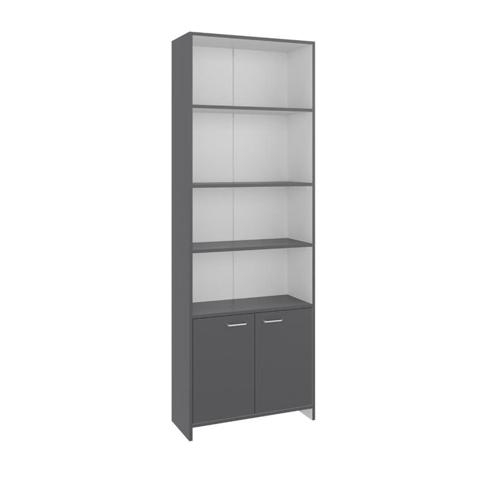 Biblioteca Milán, Plata Oscuro y Blanco, con Dos Puertas Abatibles y Cuatro Entrepaños