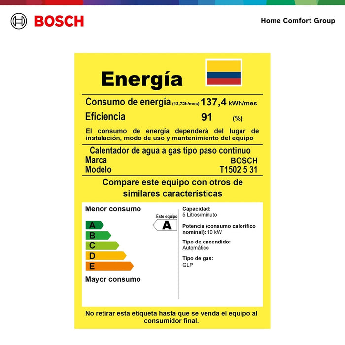 Calentador de agua 5 litros tiro natural de paso a gas propano Vital 1500
