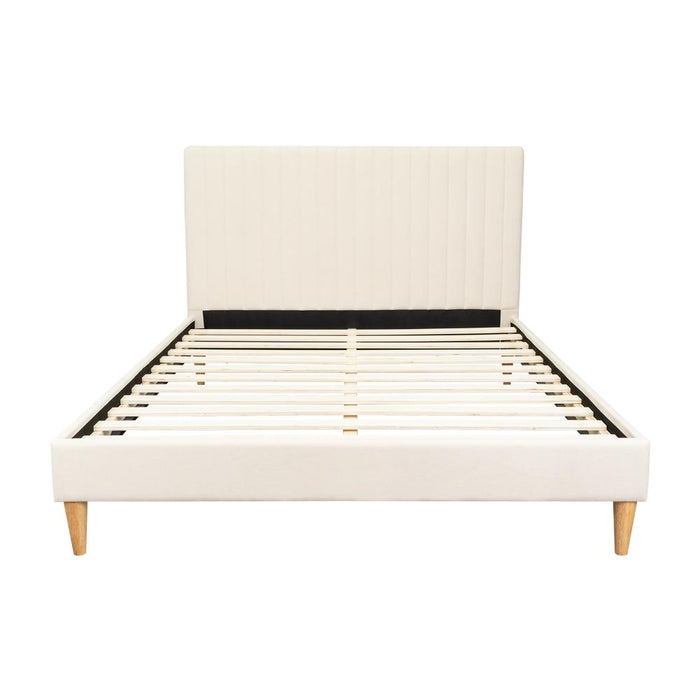 Cama Doble Tania, Gris Crema, madera roble tapizada