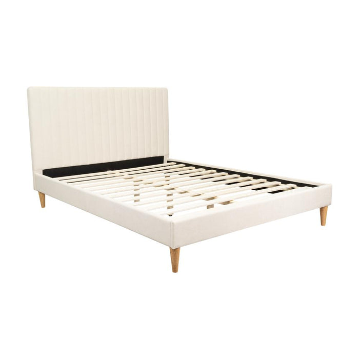 Cama Doble Tania, Gris Crema, madera roble tapizada