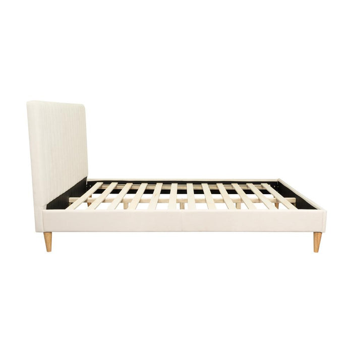 Cama Doble Tania, Gris Crema, madera roble tapizada