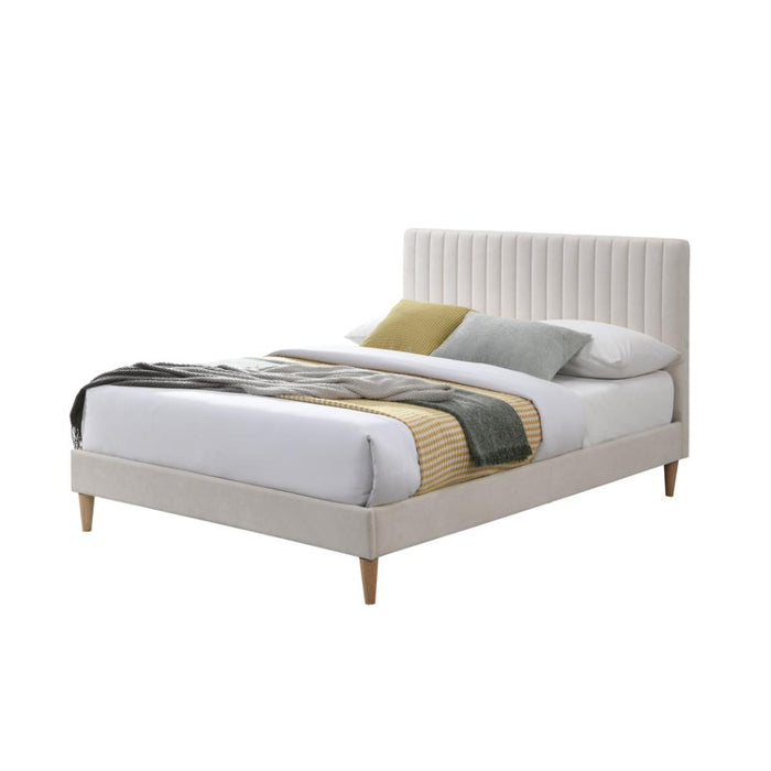 Cama Doble Tania, Gris Crema, madera roble tapizada