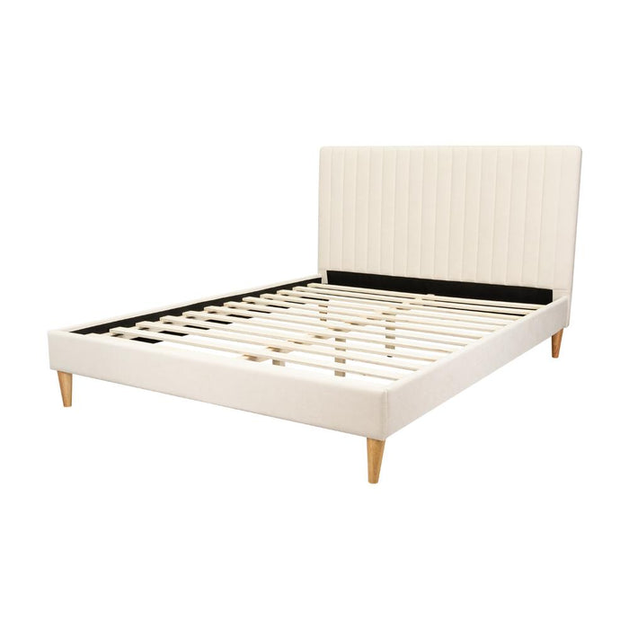 Cama Doble Tania, Gris Crema, madera roble tapizada
