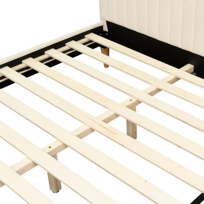 Cama Doble Tania, Gris Crema, madera roble tapizada