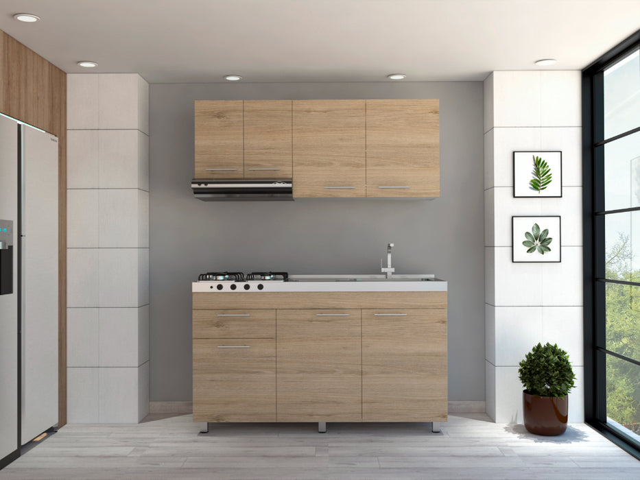 Cocina Integral Ameralto, Beige y Blanco con  Mesón Derecho y Campana