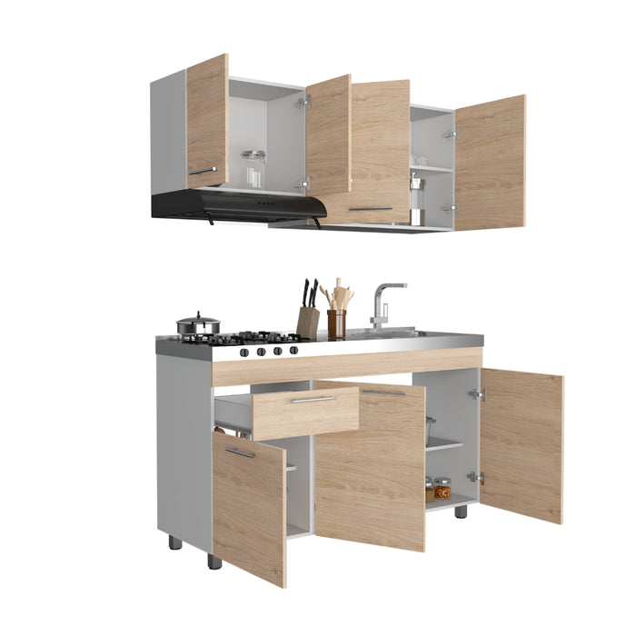 Cocina Integral Ameralto, Beige y Blanco con  Mesón Derecho y Campana