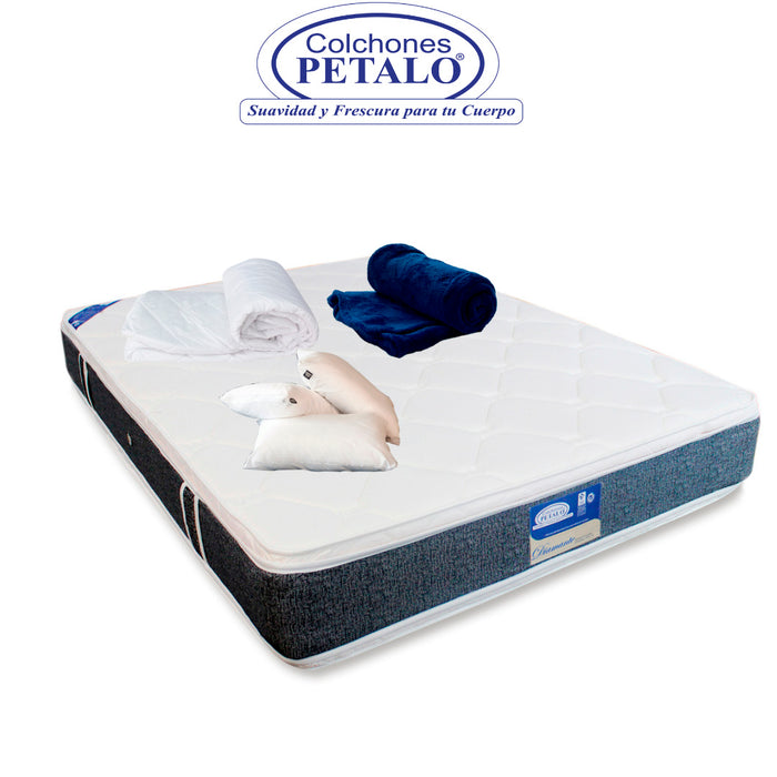 Colchón pétalo diamante 200X200x30 cm incluye 2 almohadas silic+ 1 protector para colchón + 1 cobija persona
