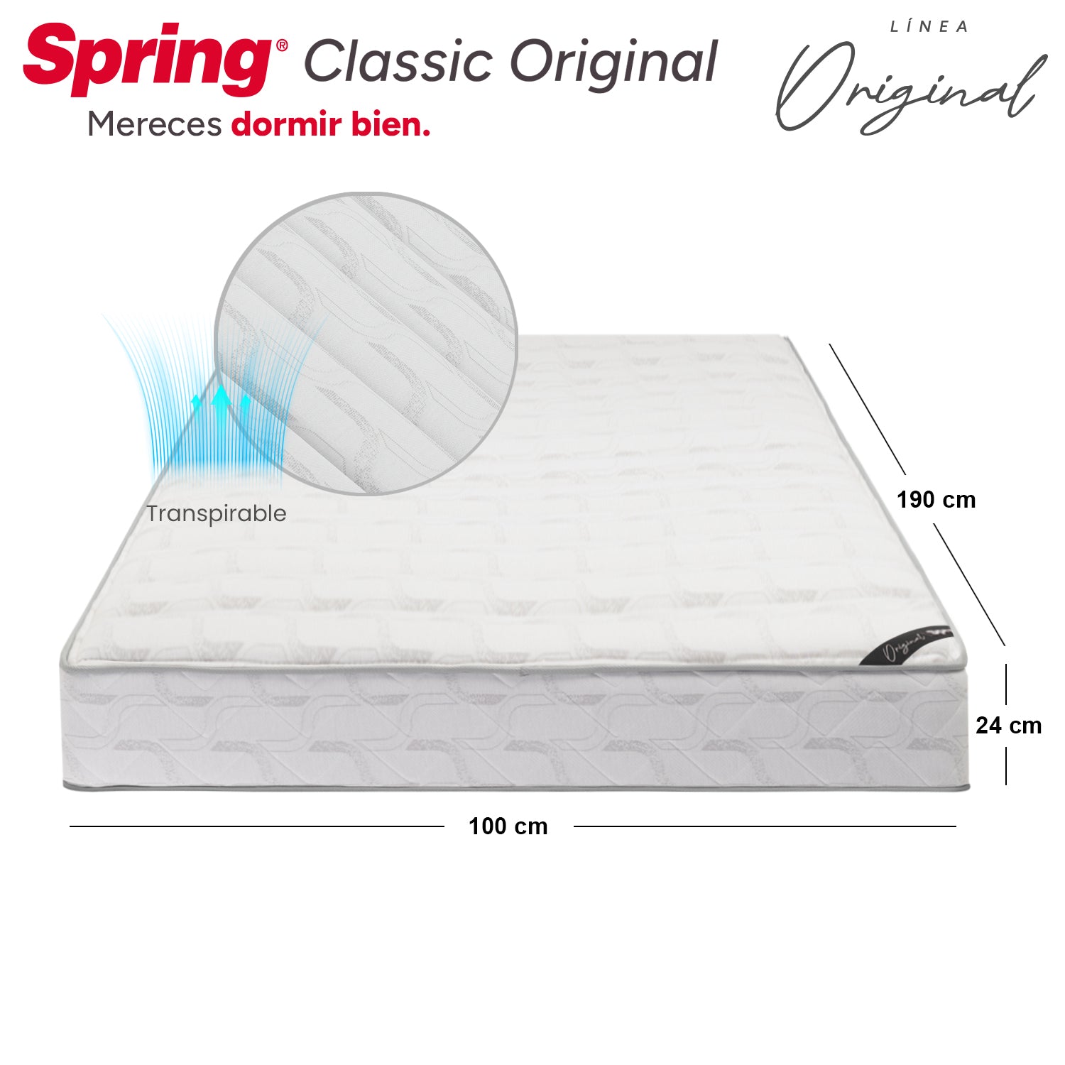 Combo colchón spring classic original sencillo 100x190 cm + set almohada siliconada.
