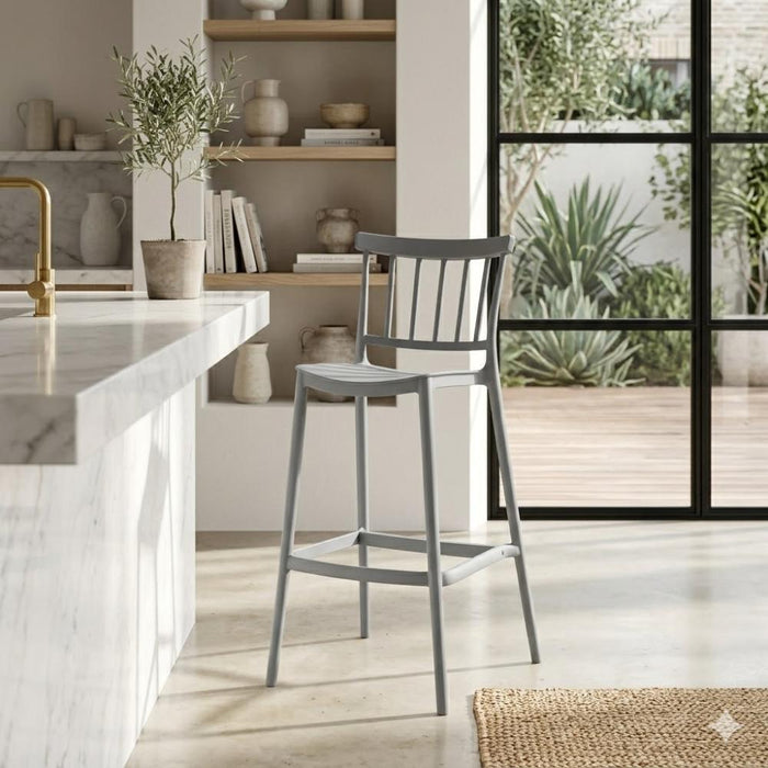 Silla para Bar Oxford, Gris, Con espaldar en barras y diseño minimalista